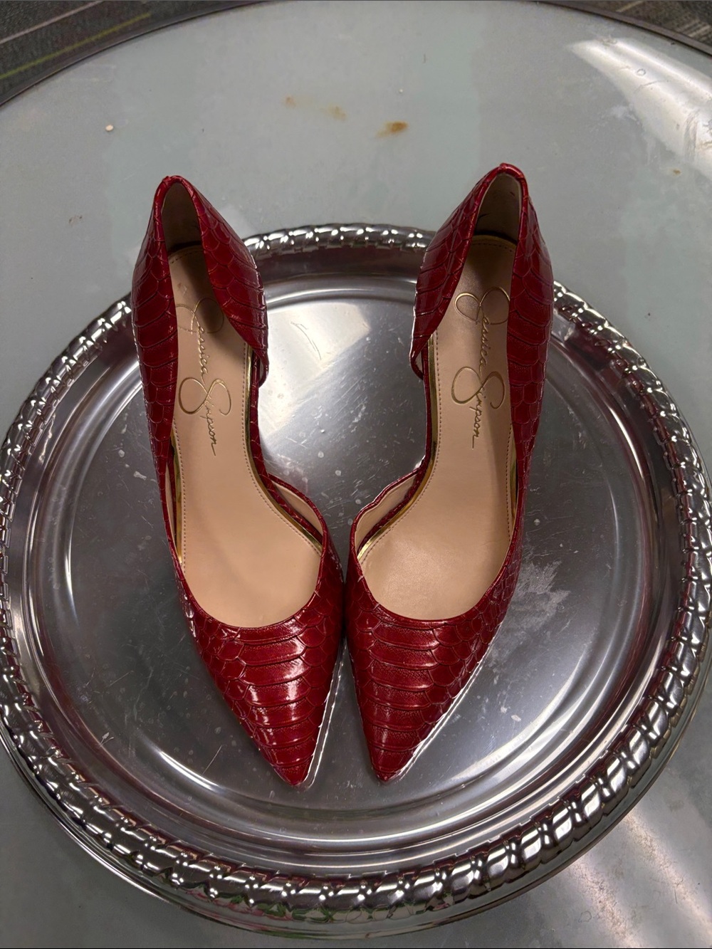 Jessica Simpson Red Croc-Embossed Pointed Toe Heels